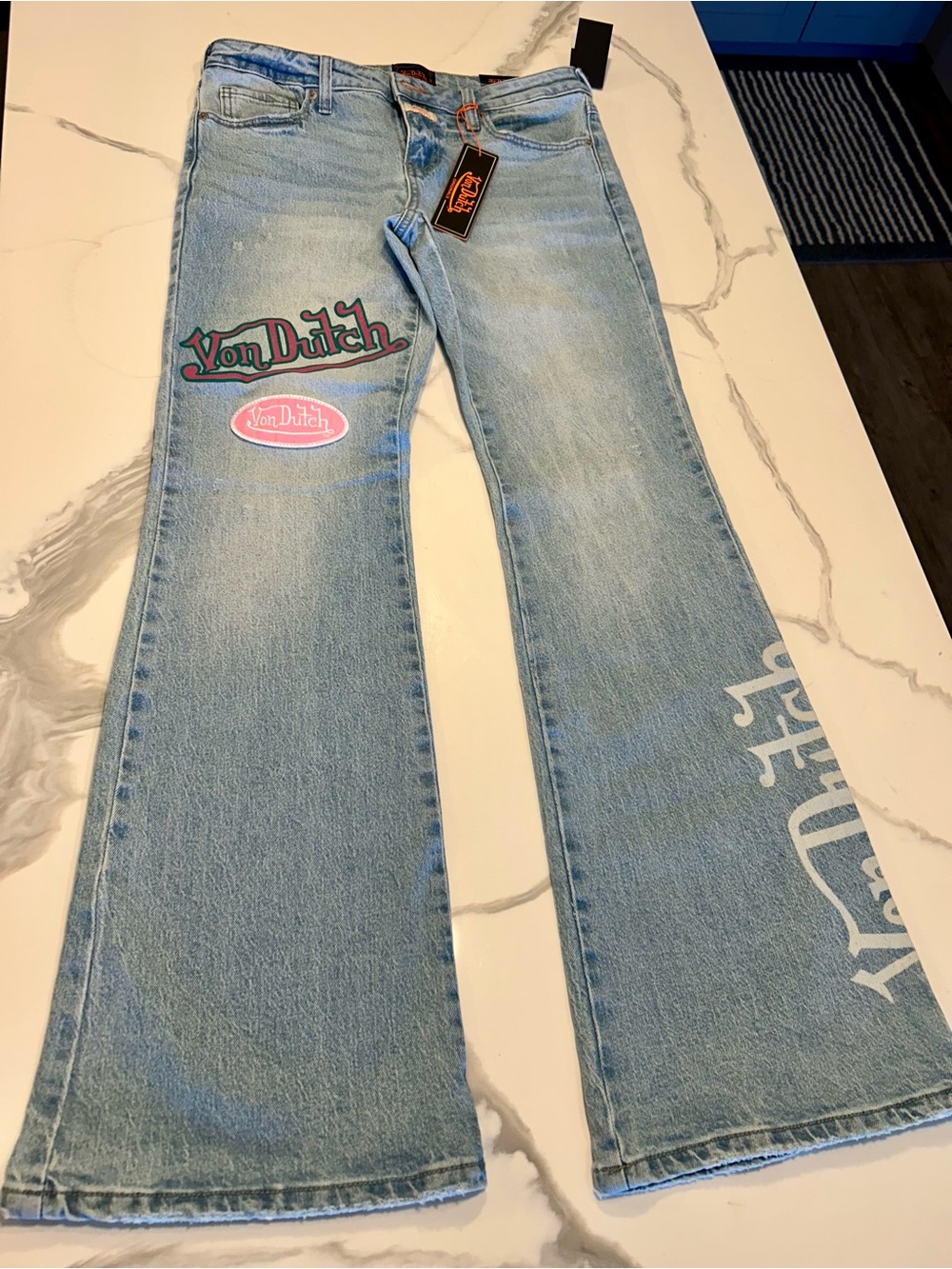 Von Dutch Light Blue Denim Flare Jeans with Logo Patches